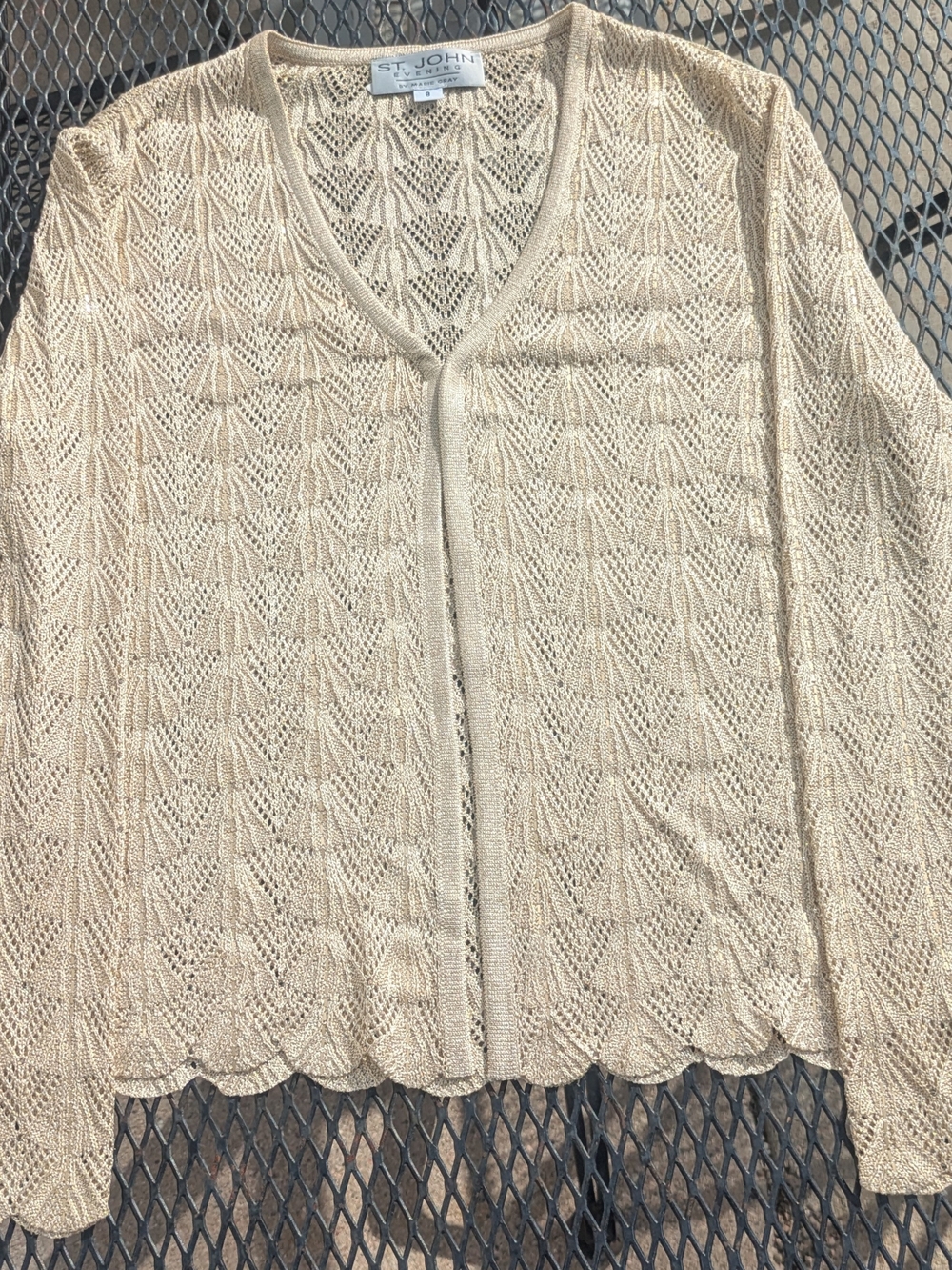 St. John Cream Openwork V‑Neck Knit Cardigan
